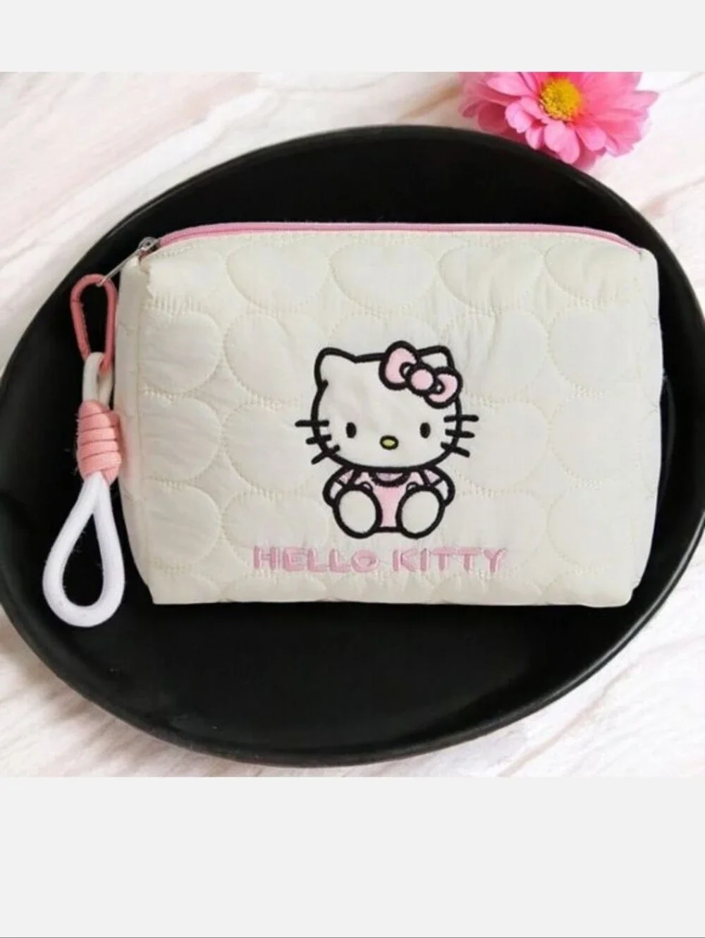 Hello Kitty Cosmetic Bag Wristlet Sanrio Quilted Heart Makeup Pouch Kawaii Pink